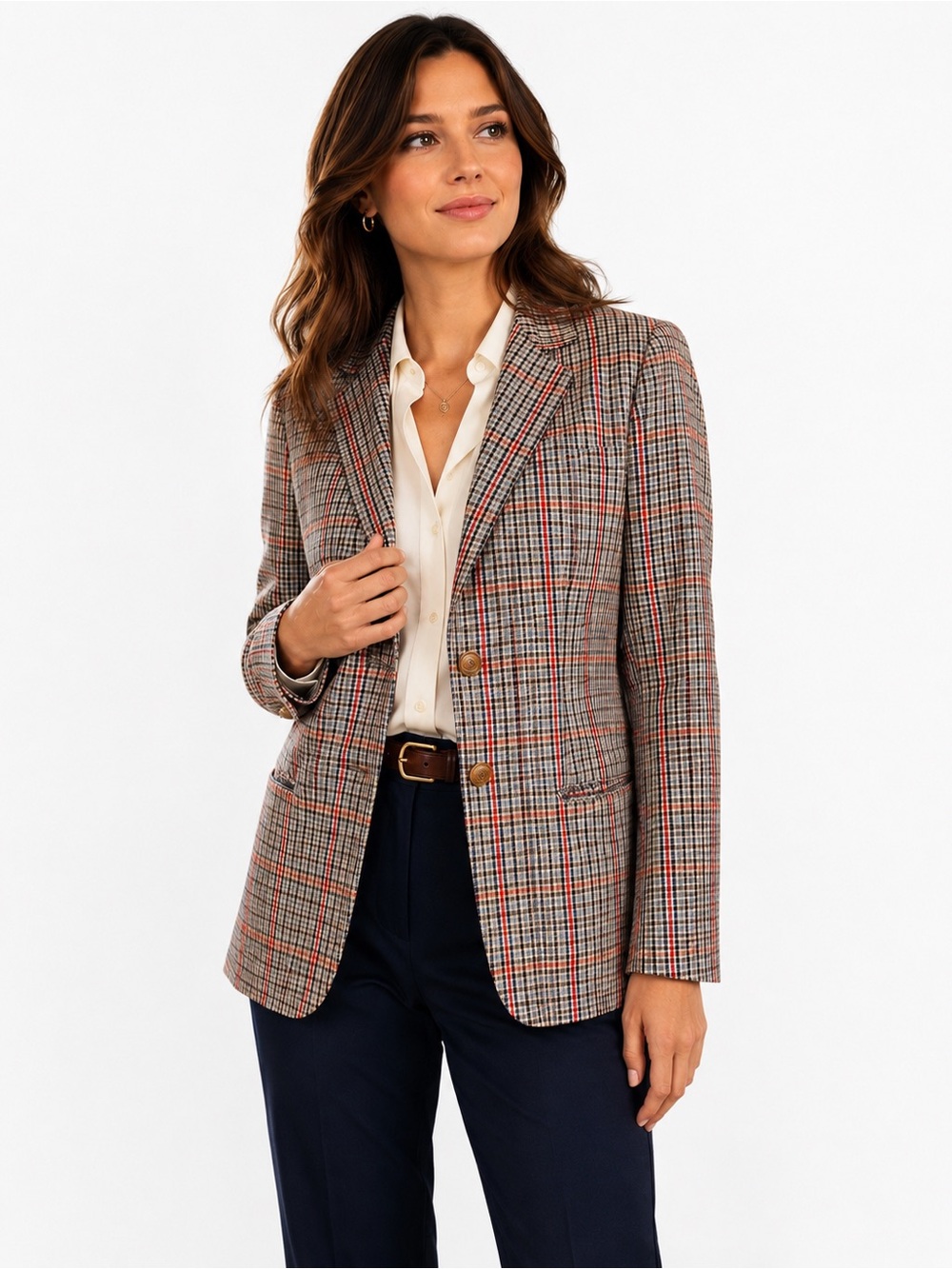 Lizsport‎ Petite 2 Plaid Cotton Blazer Red Blue Tan Preppy Career Jacket Vintage